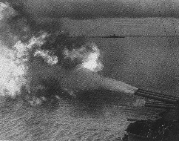 U.S.S. Nevada shelling Japanese positions on Saipan, June 15th, 1944.